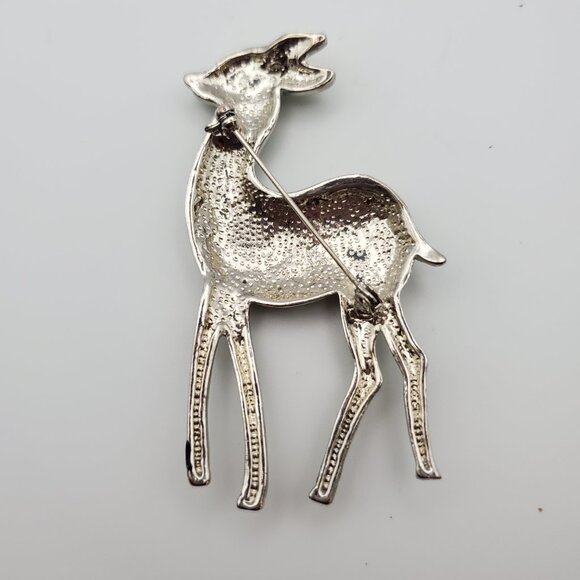 Vintage Large Olive Green Enamel Fawn Pin Brooch | Faceted Stones Floral Accents - Picture 4 of 4